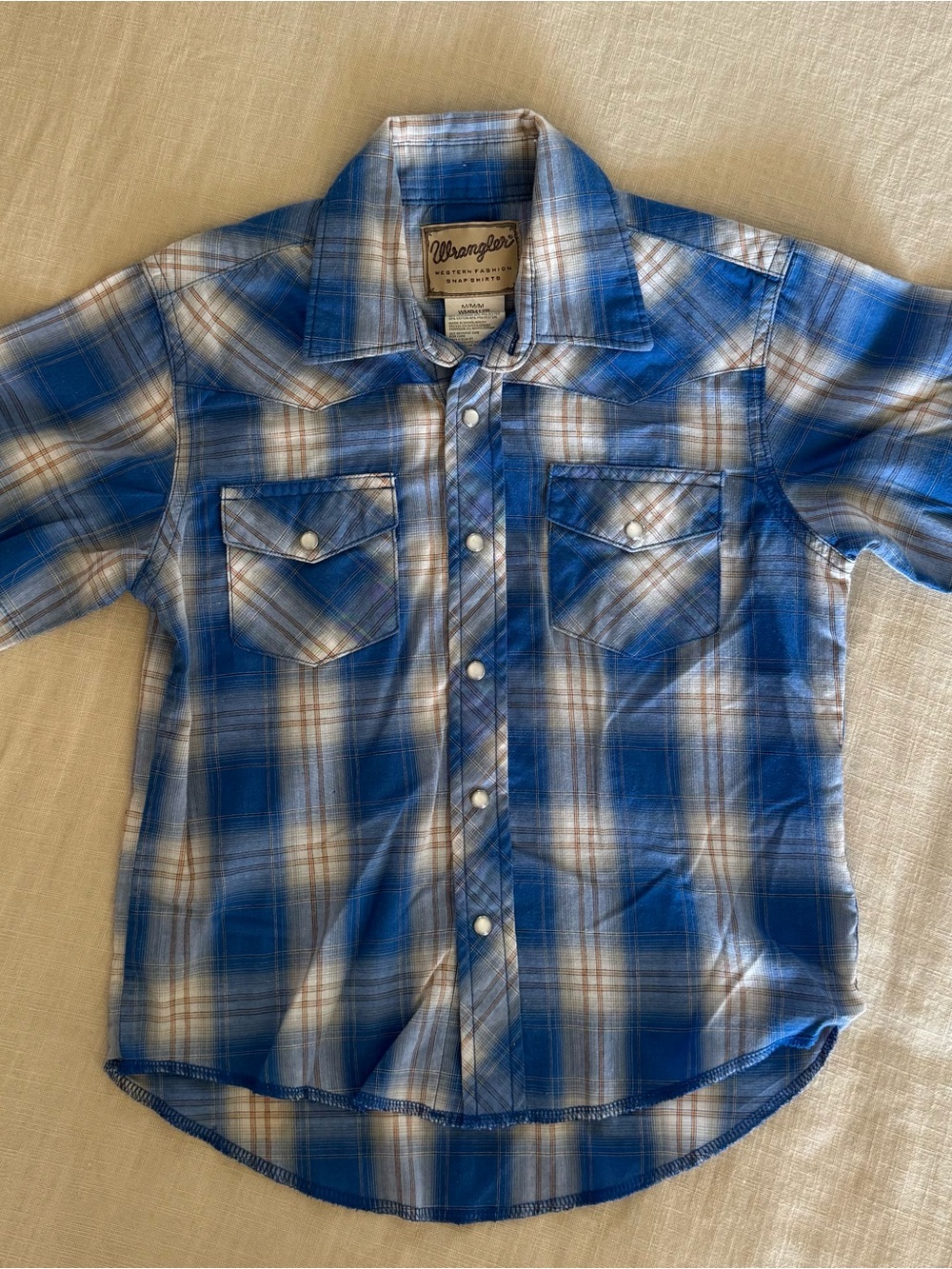 Boys Wrangler Blue and White Plaid Snap Western Short-Sleeves Shirt